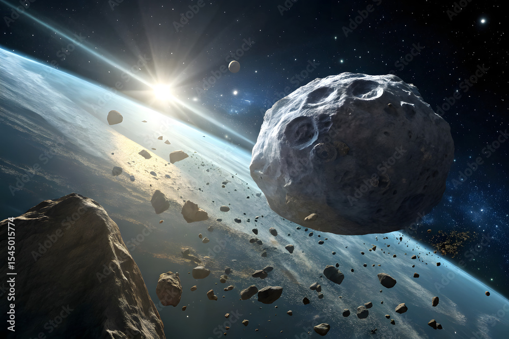 Wall mural asteroid floating in space with bright light