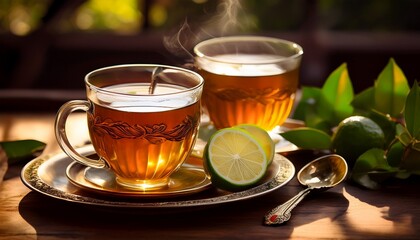 earl grey tea is served with bergamot slices and vintage teaspoons under warm natural light