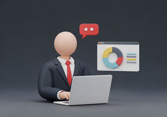 3D Businessman Analyzing Data On Laptop With Chart And Message