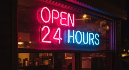 Obraz premium Neon Sign Guarantees A Business Is Available To Be Of Service 24/7