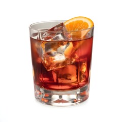 Arrange a few ice cubes and orange slices in a glass.