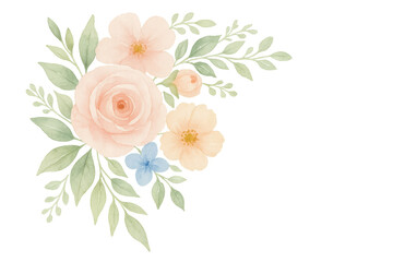 Soft watercolor rose composition with delicate leaves, blending pastel petals and gentle florals against clean transparent backdrop