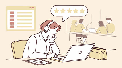 Customer service representative reviews various feedback while assisting clients