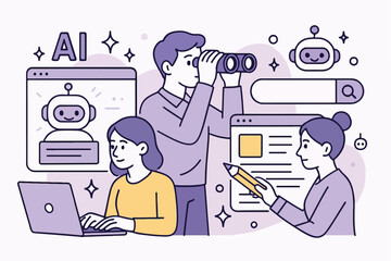 AI-powered search concept featuring characters interacting with virtual assistants for browsing the internet, conducting research, finding answers, and enhancing SEO performance. Modern vector
