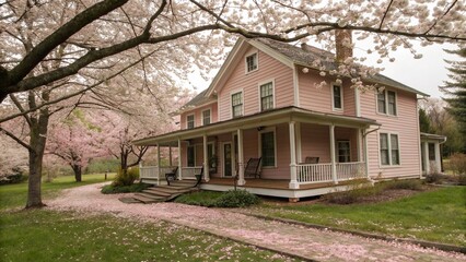 Pink House Under Blooming Cherry Blossom Trees, Photo, Natural light.
