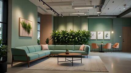 there is a couch and a table in a room with green walls