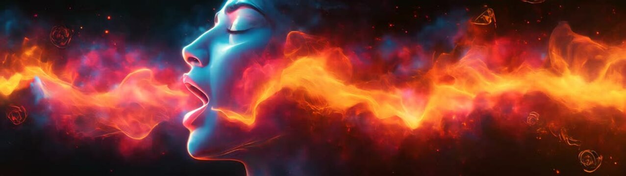 Woman with her mouth open and glowing sound waves coming out of her face