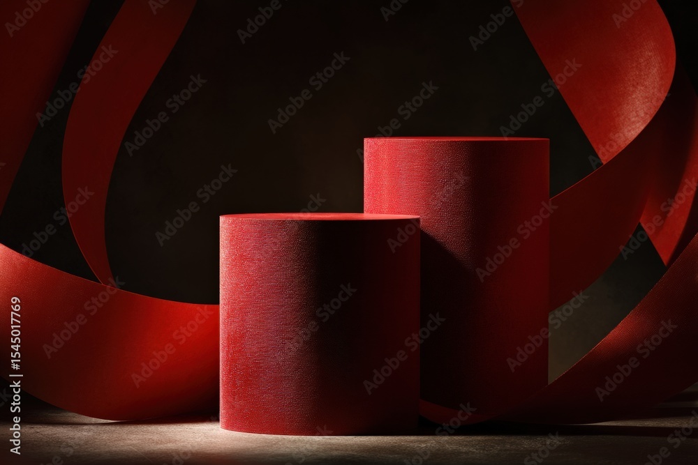 Poster two red cylindrical podiums stand on a dark background, illuminated by dramatic lighting and surroun