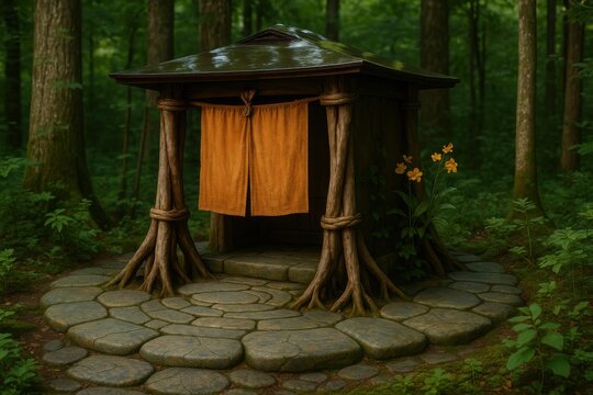 Forest shrine structure with wooden pillars made of tree roots, circular stone floor, and orange curtain in green woodland

