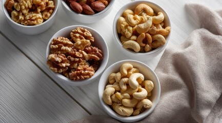 Variety of nuts including walnuts, cashews, and almonds displayed in white bowls on wooden surface, creating warm and inviting atmosphere. Perfect for healthy snacking or culinary use