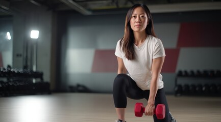 Focused Asian woman performs lunge exercise with dumbbell in modern gym setting, showcasing strength and determination. atmosphere is energetic and motivating