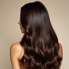 Back view of a woman with long, shiny, wavy, dark brown hair styled with loose waves, creating volume and movement