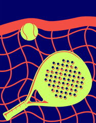 Padel racket and ball with net vector. Padel and tennis ball illustration.