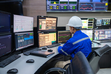 Engineer working at control room, Manager control system, Technician man monitoring program from a lot of monitor.
Specialist observes analytics dashboard,operator inspects digital interface