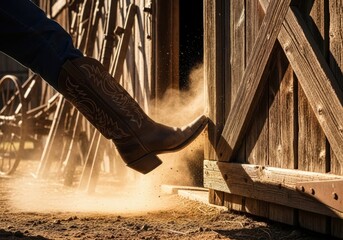 Cowboy boot kicking open farm barn door with dust cloud at sunset