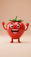 Obraz premium Smiling cartoon strawberry character with arms raised on beige background