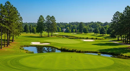 Papier peint photo  Lush Green Golf Course with Water Hazard and Forest Backdrop Under Clear Sky  © Fernhaven