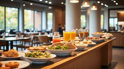 Vibrant breakfast buffet with variety of foods in a modern dining room