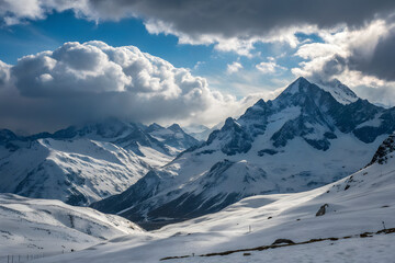 Snowy mountains with dramatic sky and clouds