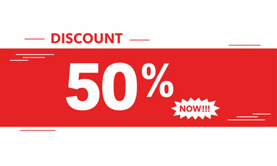 Bold 50% Discount Promotion Banner in Red and White. Vibrant 50% Off Everything Sale Promotion Banner. A colorful and dynamic banner promoting 