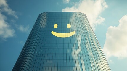 Modern Reflective Skyscraper Featuring Pixelated Smiley Face Against Bright Blue Sky