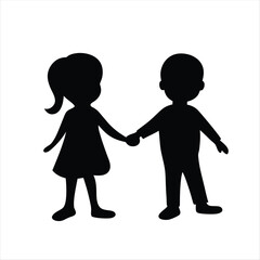 Silhouette of a girl and a boy holding hands in friendship