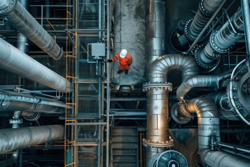 Vibrant Color Image of Top View of Refinery Worker Checking Gasoline Supply in Plant