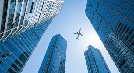Fototapeta premium Ascending Ambition: Airplane Over Modern Glass Skyscrapers