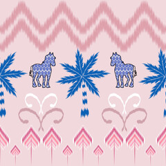 Pink Ikat Palm Tree, Zebras pattern. Seamless Design. Ikat seamless pattern with zebras, palm trees on a blush pink background. Great for resort fashion, fabric design, tropical surface patterns.