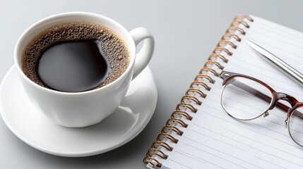 Freshly Brewed Coffee in White Cup Next to Notebook and Glasses on Gray Surface for Morning Inspiration and Creativity