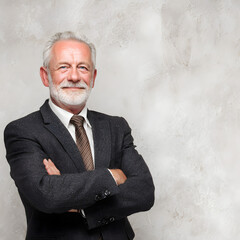 Senior Success Mature Businessman on Neutral Background with Text Area embodies experience,leadership,confidence. The poised expression professional presence the businessman reflect decades knowledge.
