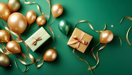 party ribbons and balloons on green background with gift box
