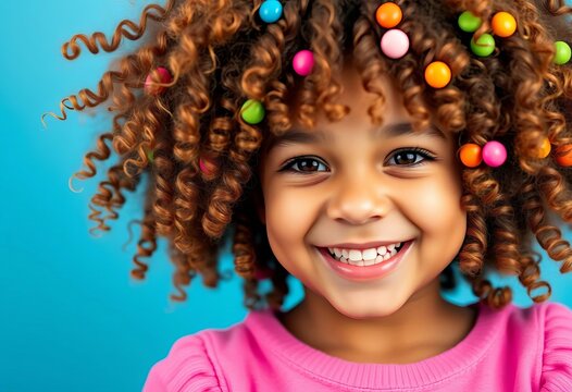 Curly hair, colorful candies, playful expression, soft blue background,  expression,  jellybeans - Powered by Adobe