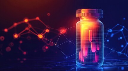 Futuristic medicine bottle with glowing drug circuitry inside, symbolizing advanced preventive medicine and health innovation.