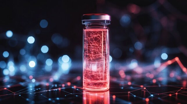 Futuristic pill bottle with glowing liquid, symbolizing advanced preventive medicine and health innovation.