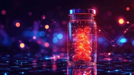 Futuristic pill bottle with glowing liquid, symbolizing advanced preventive medicine and health innovation.