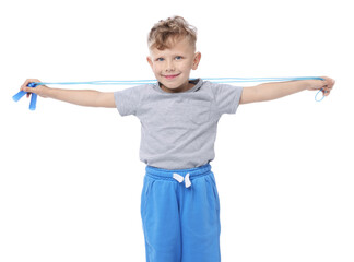 Little boy with jump rope on white background