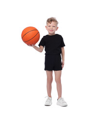 Little boy with basketball ball on white background