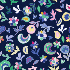 Abstract nature contemporary seamless pattern. Hand drawn flower and leaf shape textures. Repeatable vibrant boho prints. Vector illustration. 