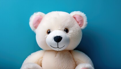 adorable white teddy bear with pink cheeks on light blue background