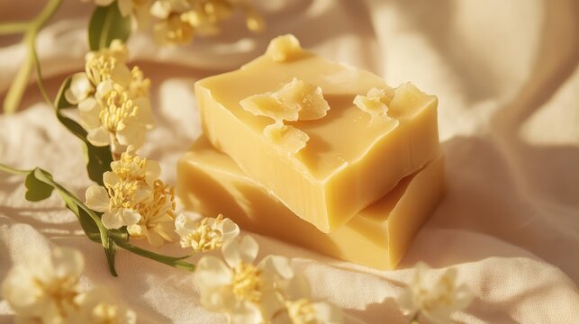 Candelilla Wax Blocks on Soft Fabric Surrounded by Delicate Flowers