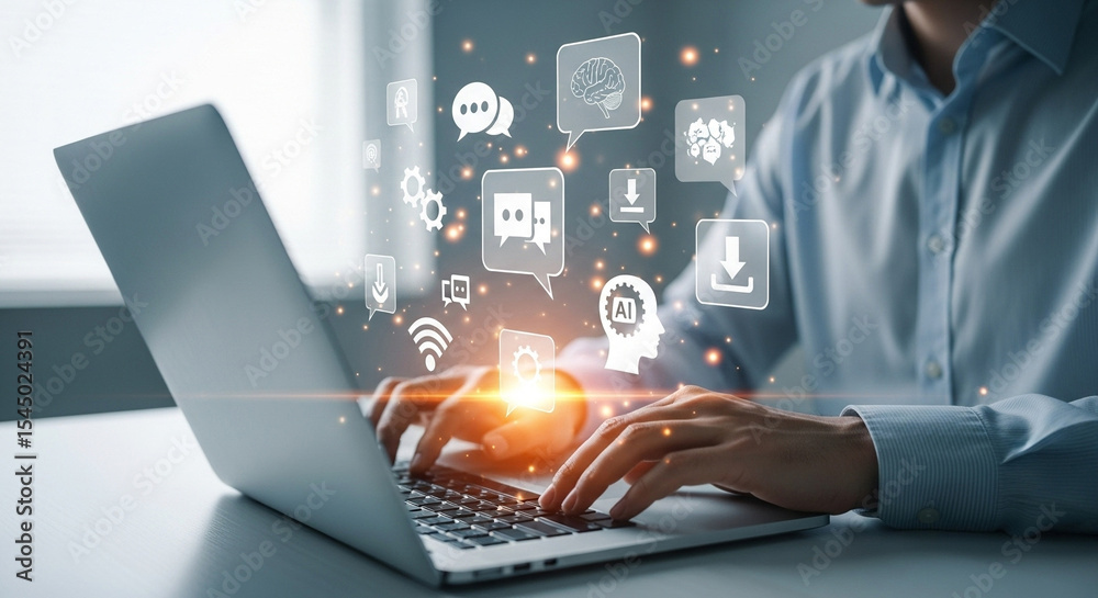 Poster Person typing on a laptop with ai and communication icons floating above the keyboard and around hands