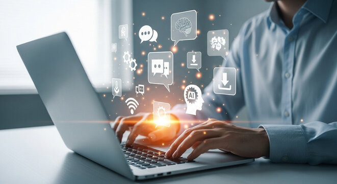 Person typing on a laptop with ai and communication icons floating above the keyboard and around hands