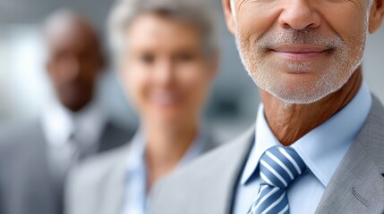 Confident businessman smiling in foreground with colleagues blurred in background showcasing teamwork and professional relationships