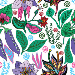 peas plants, purple flowers, colorful abstract line art flowers, spiral shapes, leaves seamless pattern. purple pea plants, sea plants, abstract flowers and leaves seamless pattern.