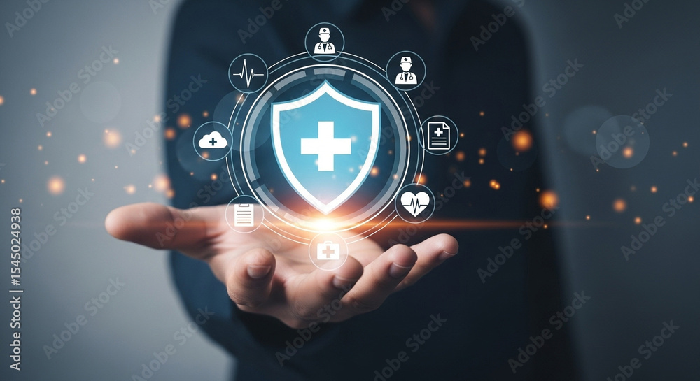 Poster Person holding a shield with a cross and medical icons floating above their open hand in a dark setting