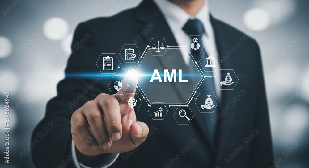 Poster a man in a suit pointing at an aml hexagon surrounded by financial and legal icons on a screen