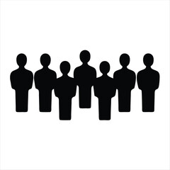 A group of seven simple black human silhouette figures standing together