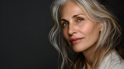 Fototapeta premium Wisdom and Wellness Portrait of Mature Model with Natural Expression and Empty Space captures the quiet strength,authenticity, inner peace that come with age. The model’s calm, confident gaze reflects