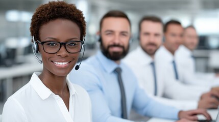 Smiling woman with headset supporting clients in modern office environment with diverse team working together in background